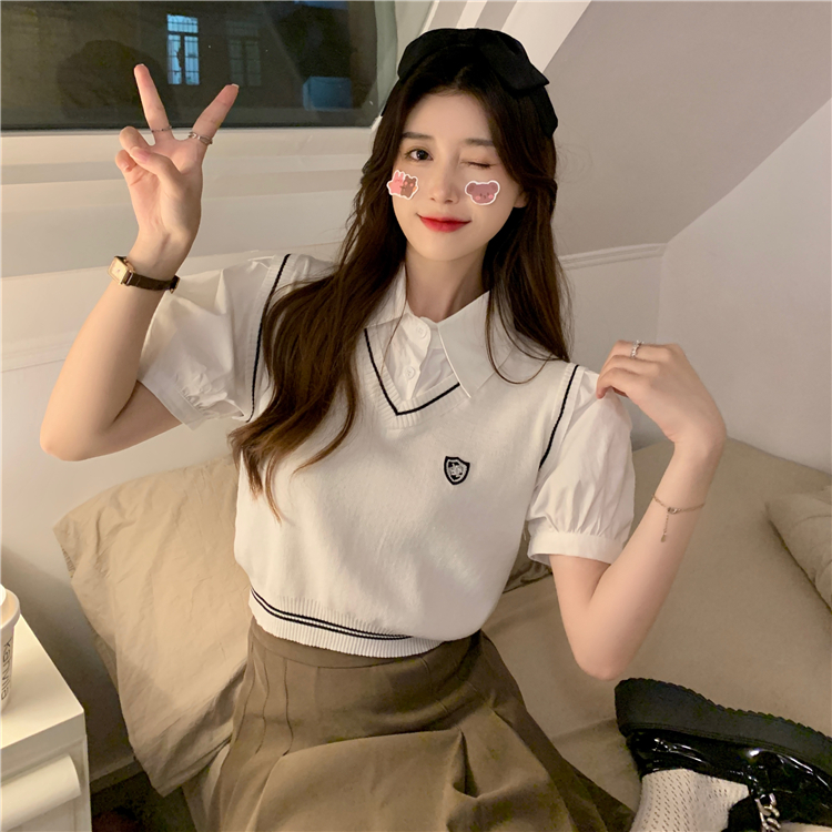 Campus sense Japanese college style fake two-piece Polo collar shirt splicing knitted vest vest