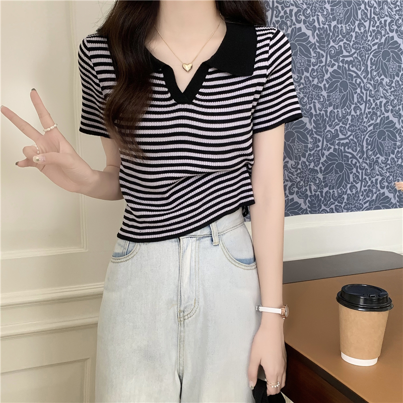 Real price summer new polo collar stripe short sleeved sweater women's top