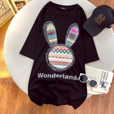 Diamond studded rabbit short sleeve T-shirt women's 2022 new loose fashion summer design sense niche super fire top