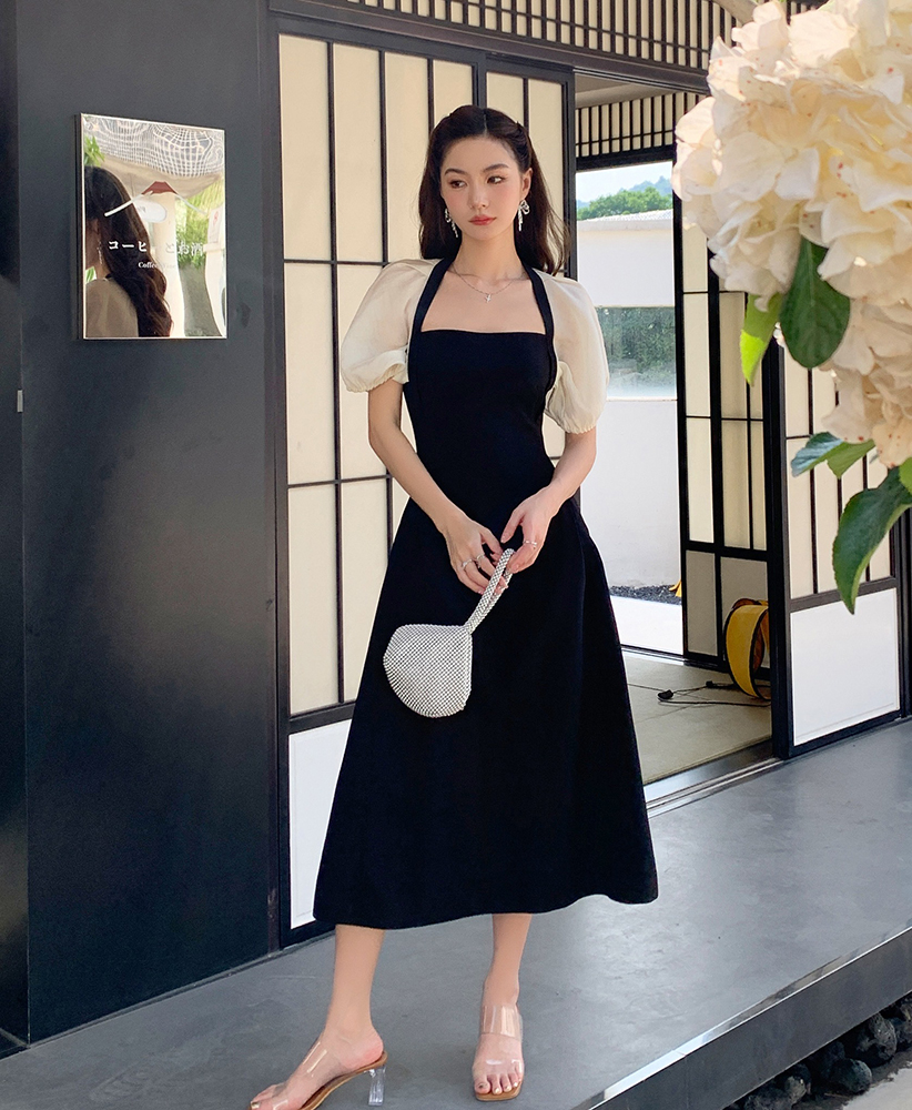 Real photography of 2022 summer new style high-class temperament celebrity black dress children's Royal sister light familiar French dress