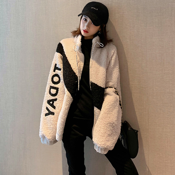 Plush fried Street coat 2021 autumn winter new Korean version loose small stand collar contrast color lamb wool coat female