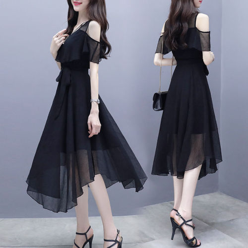 Medium length thin chiffon dress women's summer 2020 new Korean celebrity temperament fashion off shoulder dress