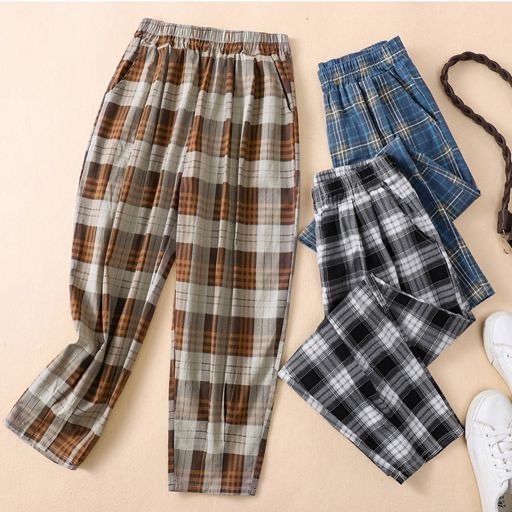 Summer 2022 fashion pants women's foreign style versatile literature and art RETRO Plaid casual pants 9-point loose slim pants children