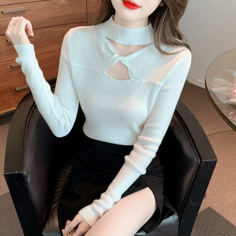 Real shot!  2022 new Korean version of the hollow feature solid color slim bottoming knitted sweater top