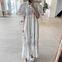 New Retro court style positioning flower and wood ear bubble sleeve loose dress