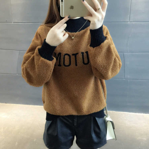 Plush plush thickened Long Sleeve Jacket Women's autumn and winter women's half high collar loose letter Pullover