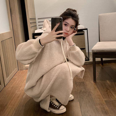 Lamb wool hooded dress collegiate style mid-length loose over-the-knee sweater dress autumn and winter 2022 new