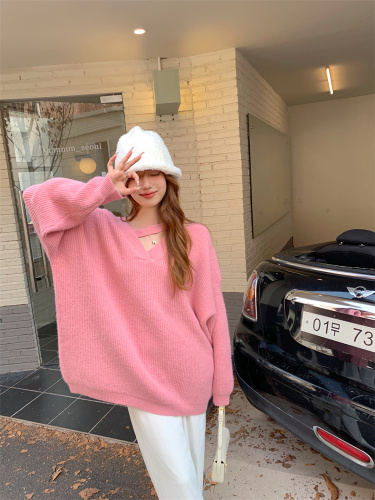 Real Price Real Shooting Autumn New Korean Version Design Sense Lazy Wind V-Neck Sweater Loose Long Sleeve Knit Sweater