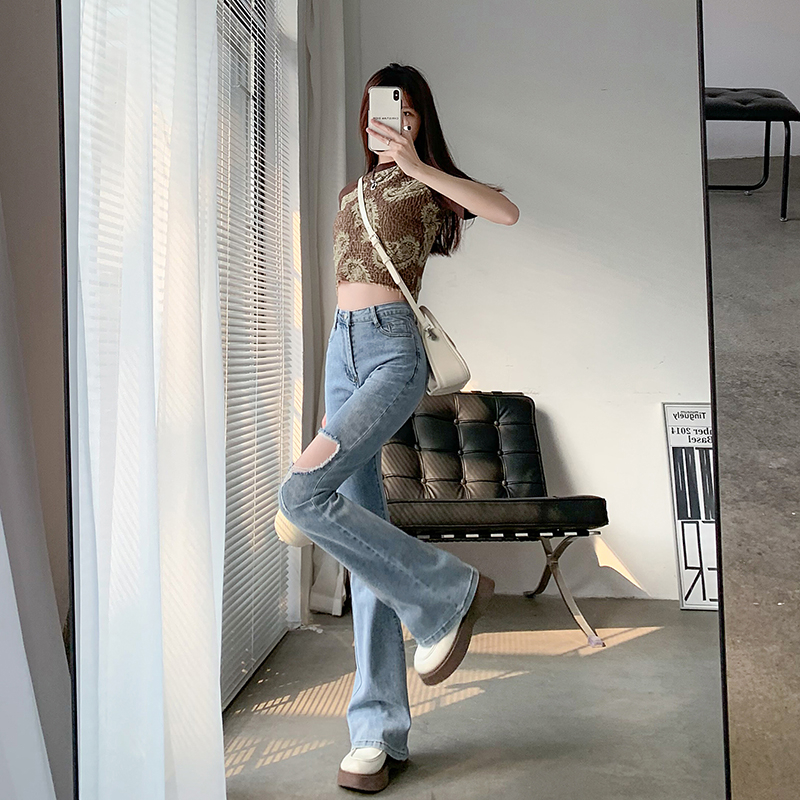 Real shot 2023 spring new micro-launched jeans women's high waist fashion straight loose wide-leg mopping pants