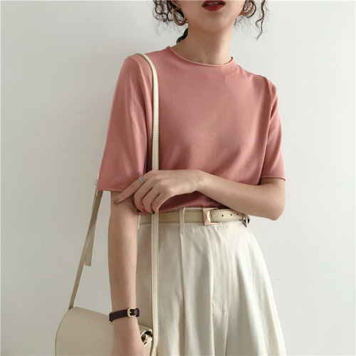 Half sleeve ice silk knit top women's spring and summer new Korean style all round neck solid color short sleeve Slim Fit Shirt