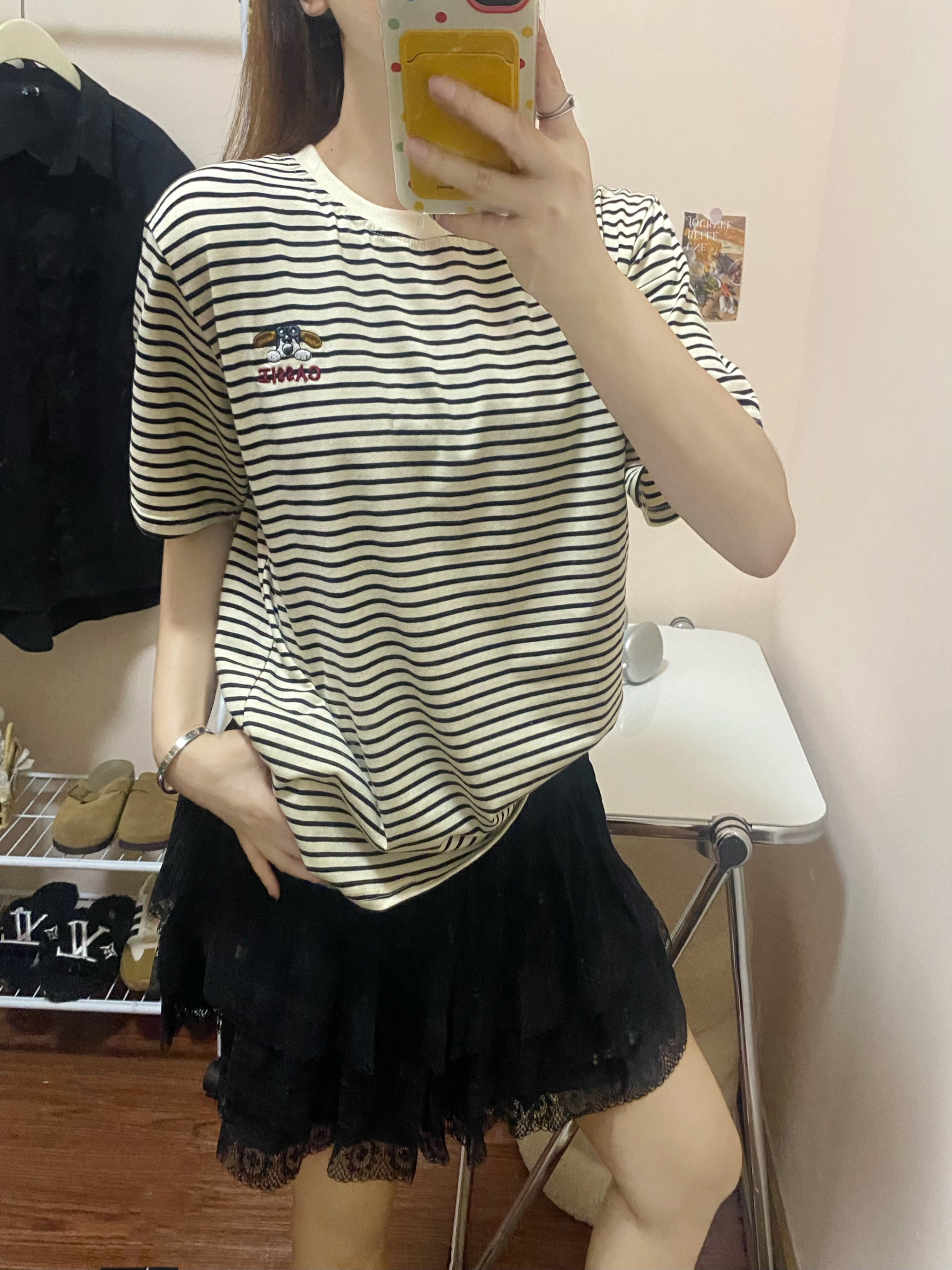 Actual shot and real price Japanese pastoral style embroidered doll T-shirt loose slimming age-reducing color striped top
