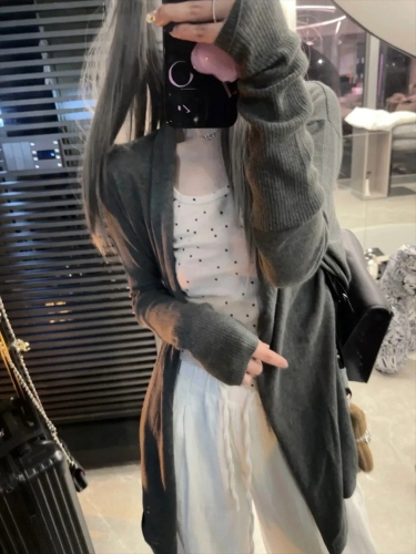 Ready stock-RO Paperman knitted cardigan mid-length autumn and winter lazy style loose jacket