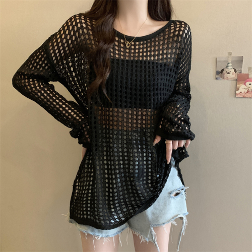 Real shot of large size hollow long-sleeved sun protection sweater for women summer thin blouse air conditioning shirt fat mm loose slimming top