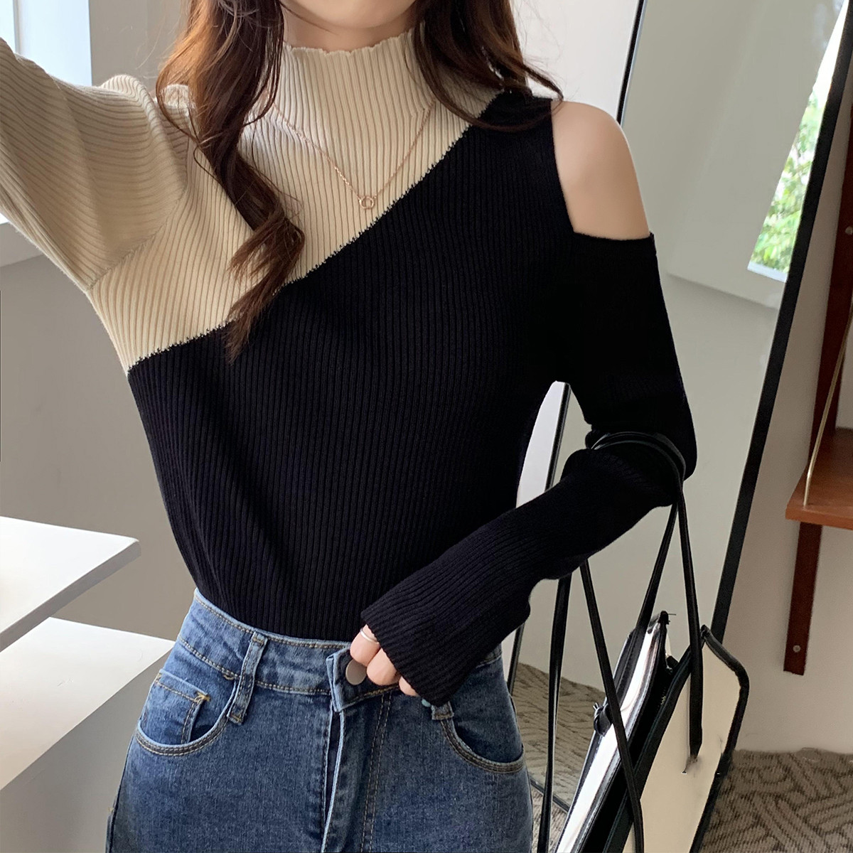 Real shooting knitwear season new bottoming shirt women's clothing autumn and winter new sweater slim fit foreign style semi high collar top