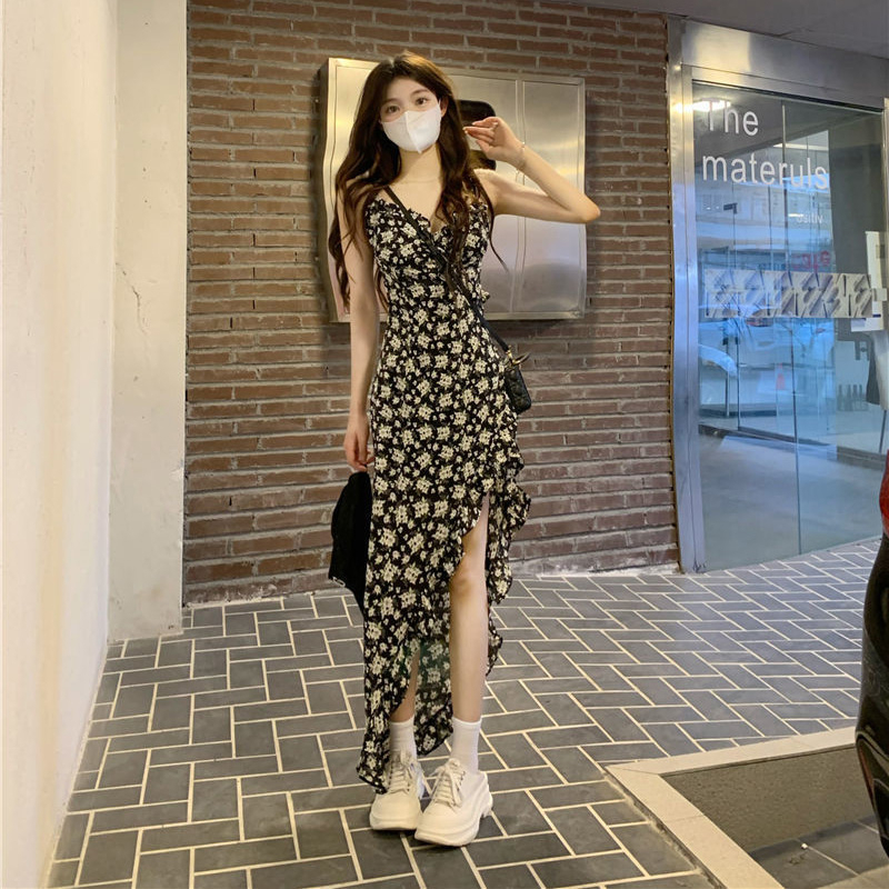 Irregular slit floral sling dress women's summer new retro ruffles mid-length A-line skirt skirt