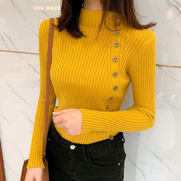 New style half high neck Pullover long sleeve slim fit sweater women's ins style button versatile sweater bottomed Shirt Top thick