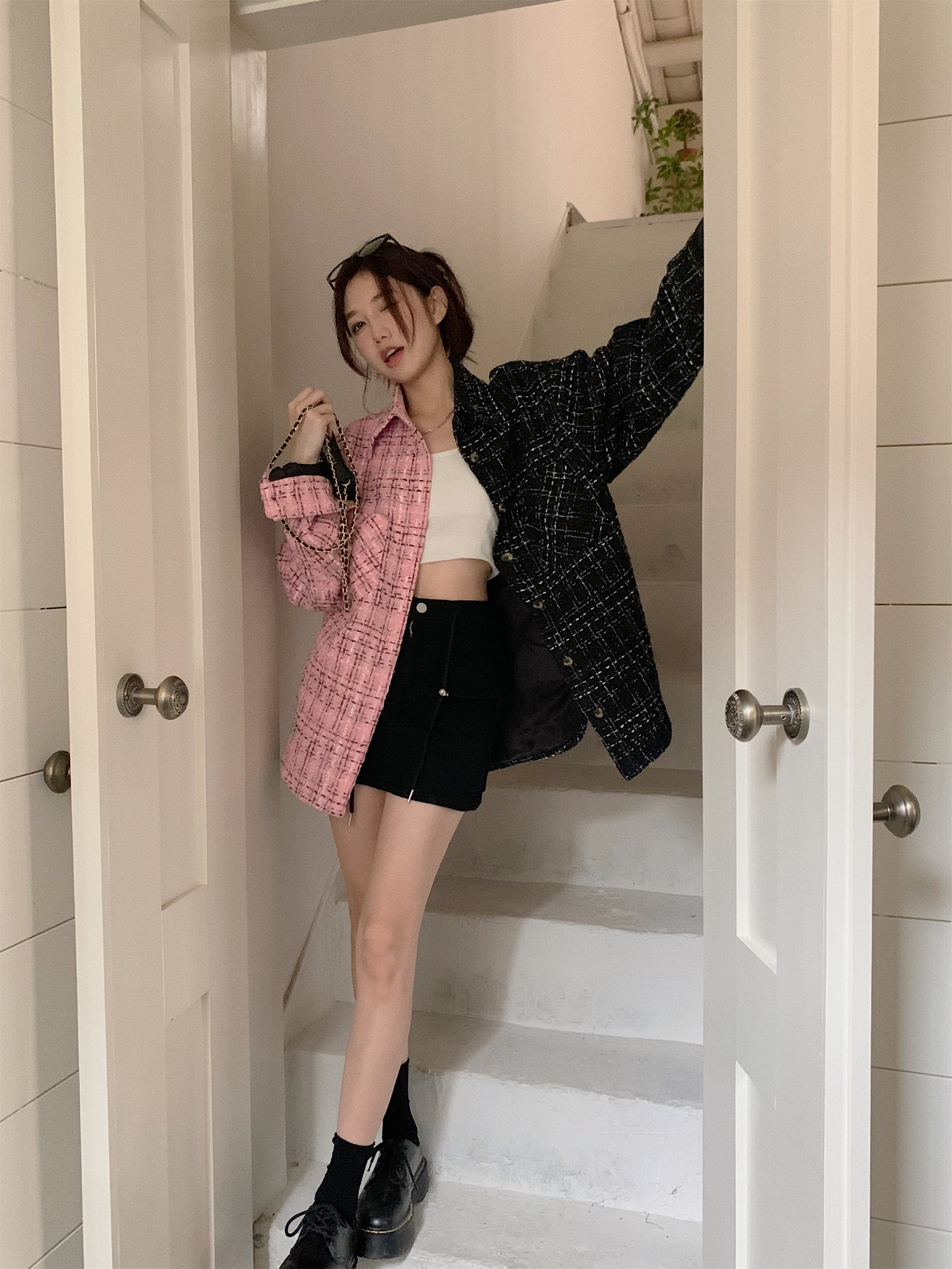 Real price real price 2023 spring new small fragrance stitching plaid woven shirt long-sleeved jacket female