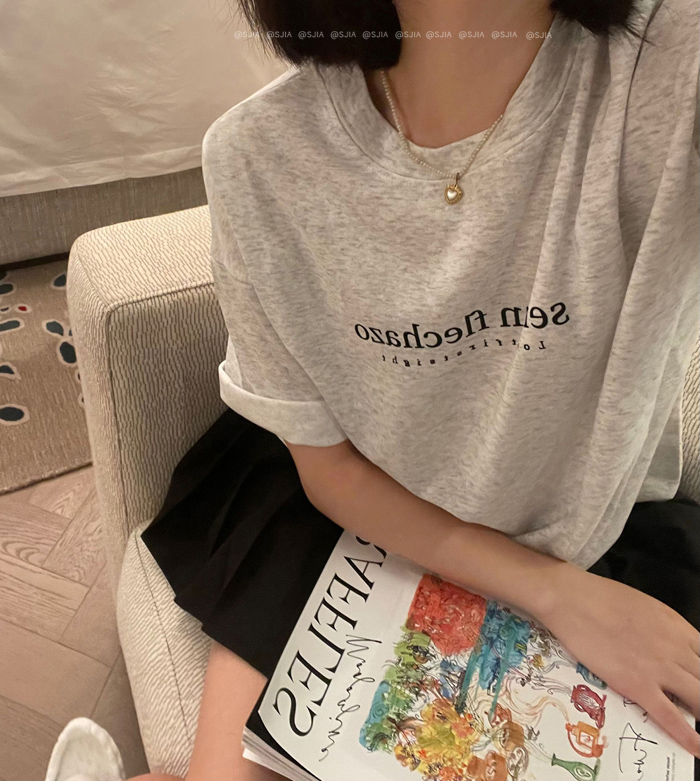 Real shot real price chic French letter flower gray T-shirt