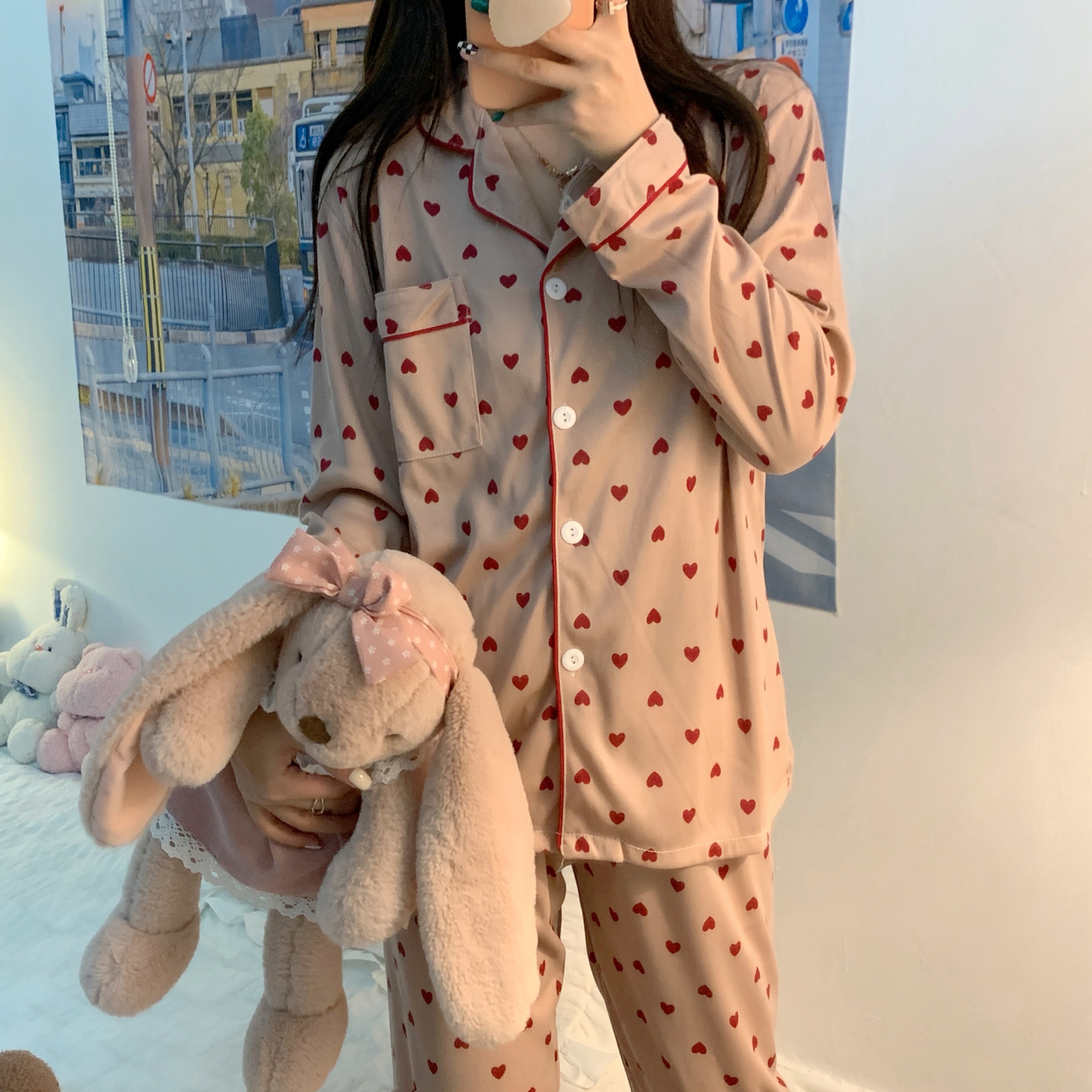 Real price Korean Pink Leopard Print pajamas women's style long sleeved trousers two-piece love Lapel home clothes