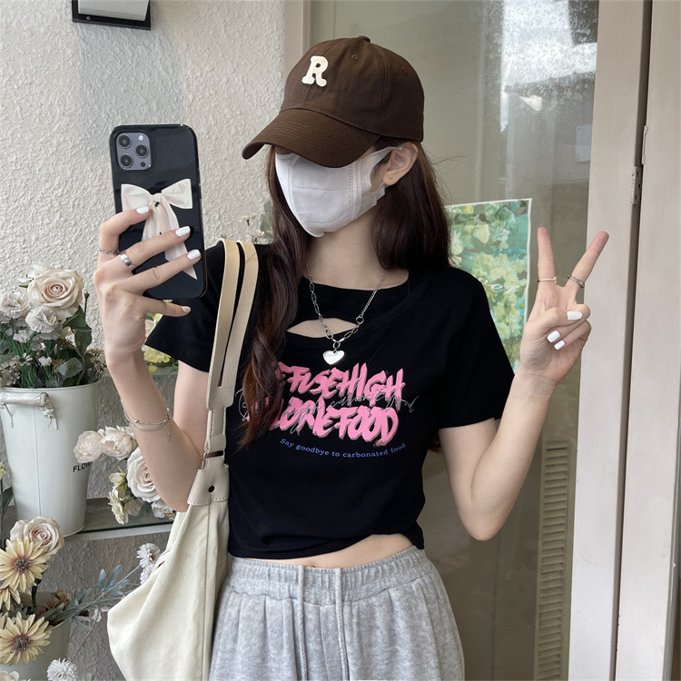 American hot girl hollow short T-shirt female summer design sense of self-cultivation short-sleeved student top