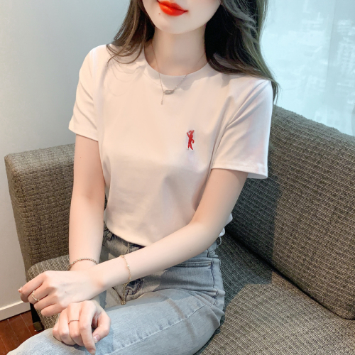 real shot!   new fashion all-match embroidery short-sleeved t-shirt women's simple top pullover