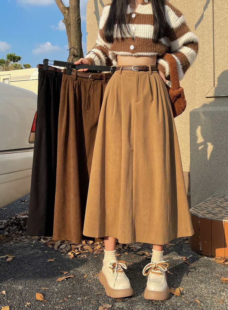 Real shot ~ free belt 2023 autumn and winter new corduroy high-waist slimming crotch-covering mid-length skirt