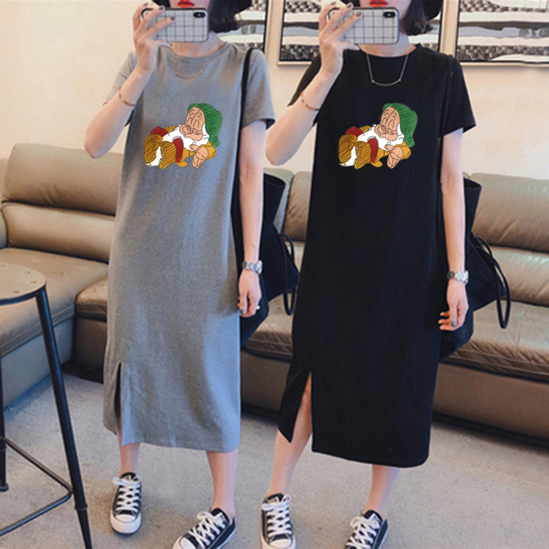 Summer short sleeve dress casual cover belly large women's loose medium length over knee T-shirt skirt