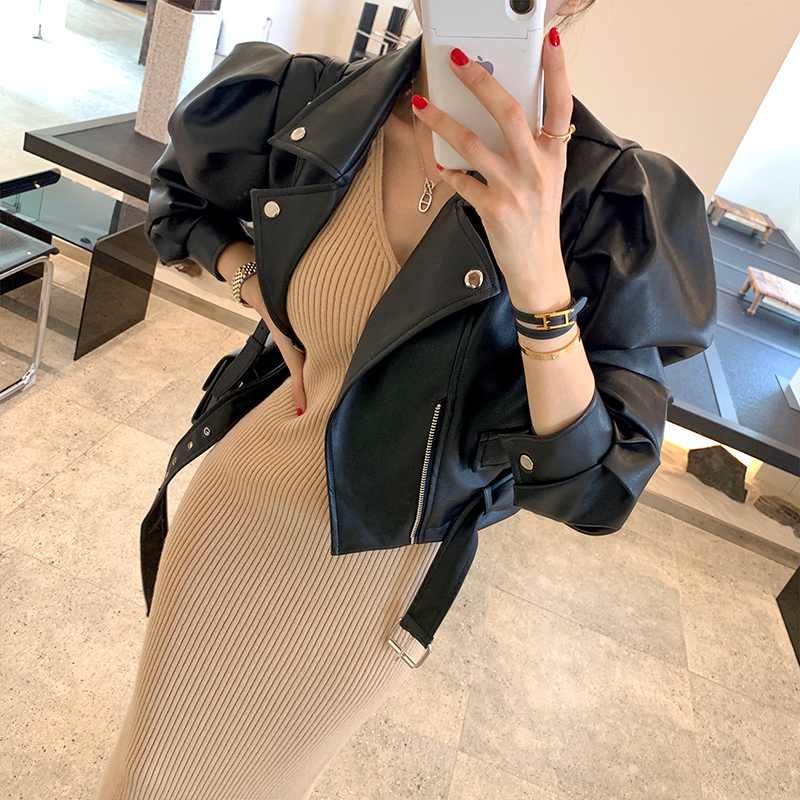 Original short jacket jacket motorcycle net red fashion gas bubble sleeve pu leather jacket women's short