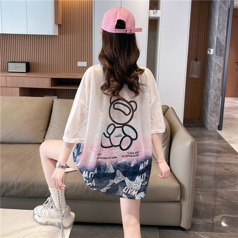 Real shot summer loose thin ice silk nano silk sun protection clothing gradient round neck short-sleeved T-shirt female 100 polyester