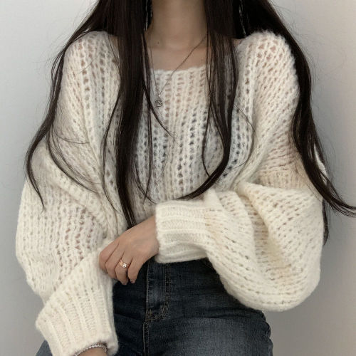 Chic candy color white loose casual Lantern Sleeve thick needle sweater