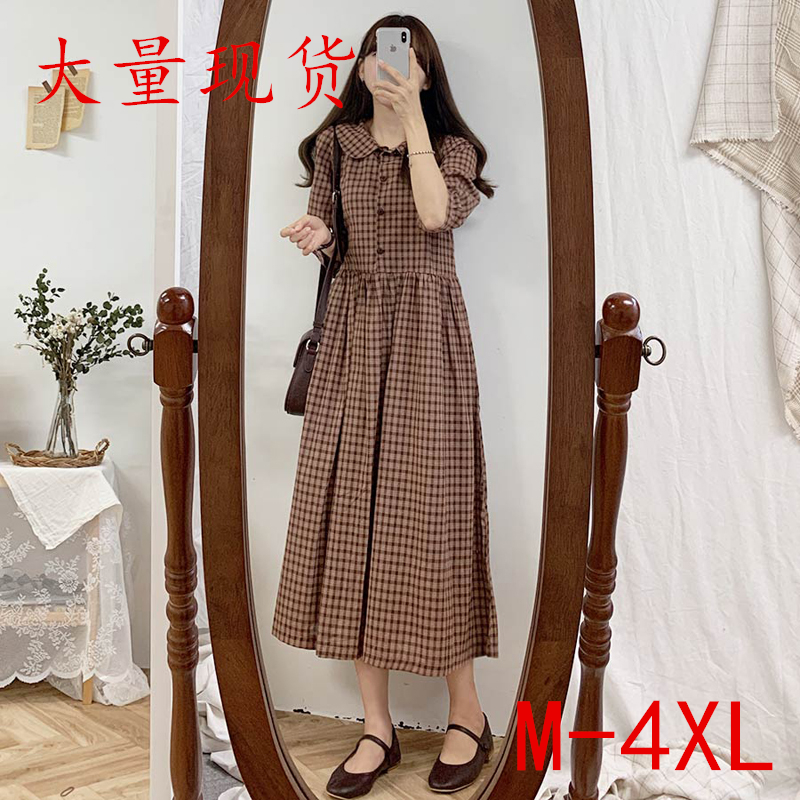 New spring and summer big size Korean 7 / 3 sleeve Lapel Plaid high waist fat dress long skirt