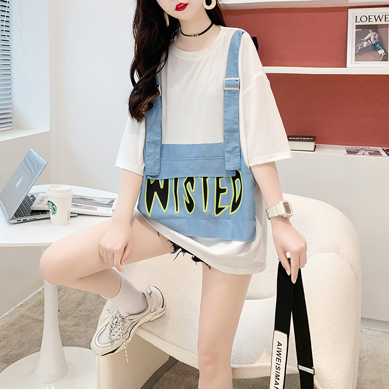 Real shot 6535 pull frame cotton fake two pieces of denim stitching t-shirt women's short-sleeved net red loose age-reducing top tide