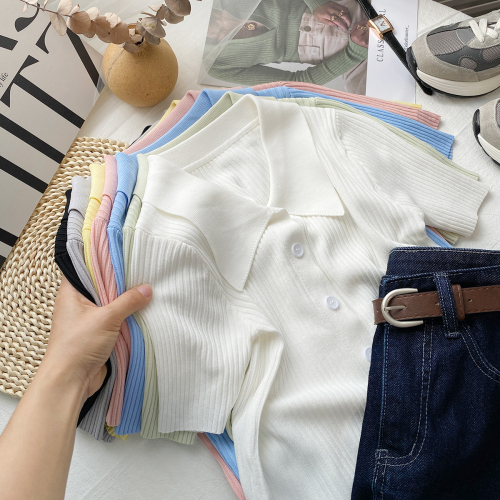 Retro chic Short Sleeve Polo neck knitted cardigan women's summer clean version pit stripe thin versatile short Lapel top