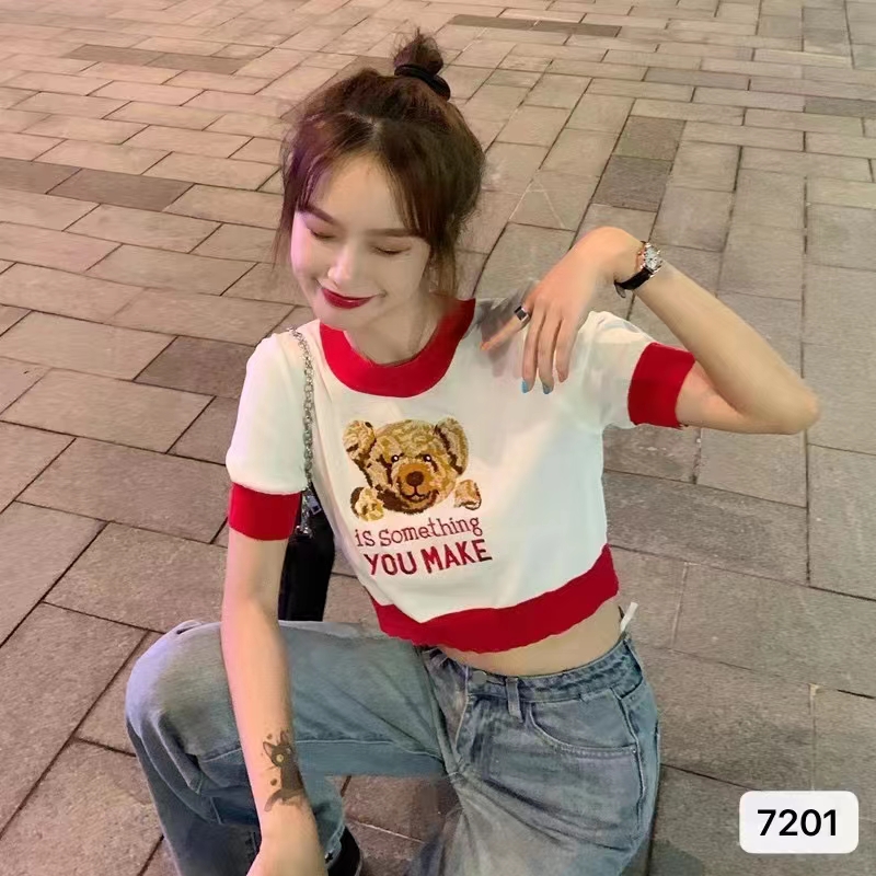 Summer 2020 new Korean cute outside wearing bear embroidery chic age reducing short sleeve sweater top women's T-shirt