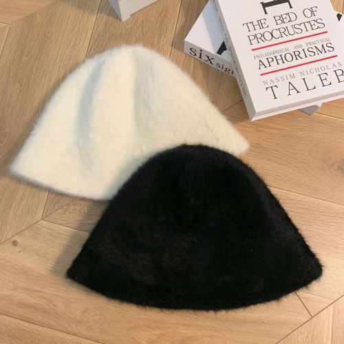 Real shot without price reduction Imitation rabbit fur fisherman hat Japanese furry basin hat warm white plush small bucket hat female