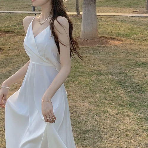 Double layer lining white dress women's spring 2022 new V-neck bow skirt medium length collection