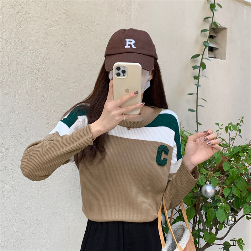Real shooting and real price early spring new Korean style color contrast loose Pullover women's sweater