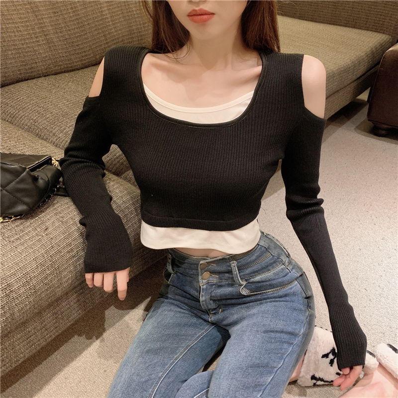 Real shot fake two off shoulder sexy versatile top real price