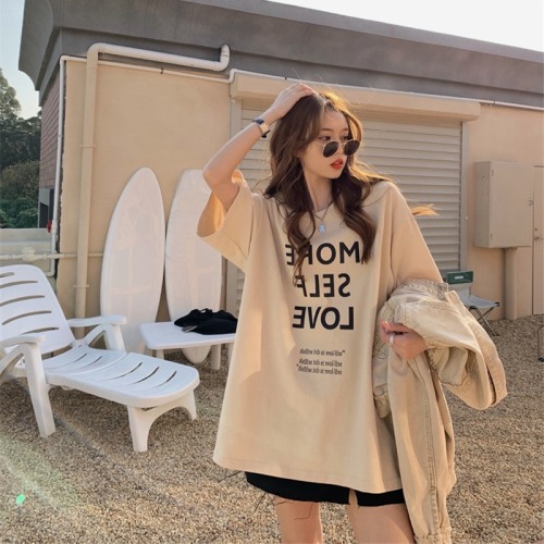 New short sleeved T-shirt women's fashion American alphabet printing backing fir outer loose top