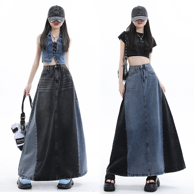 New niche design sense retro contrast color denim long skirt tall man covering meat high waist color matching skirt female spring and autumn