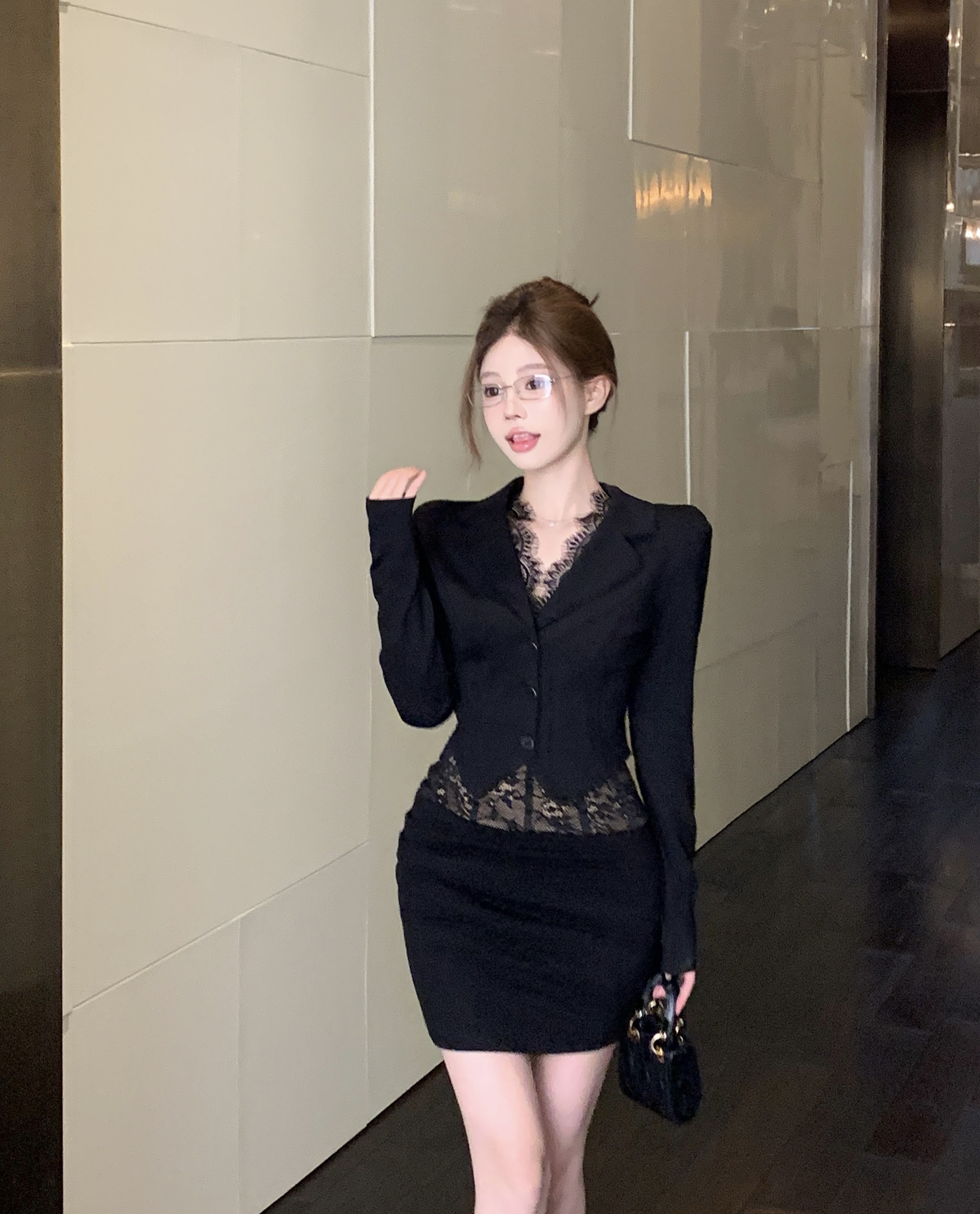 律政佳人西裝辣妹修身蕾絲收腰短款套裝