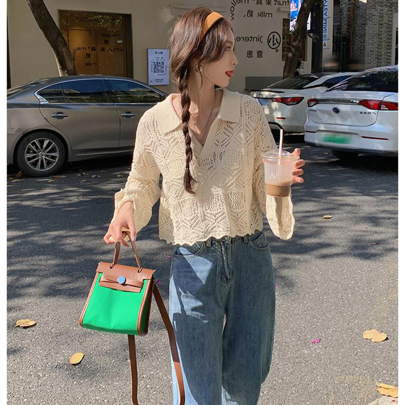 Design hollow short polo knitted top women's new summer long sleeve loose versatile thin sunscreen blouse