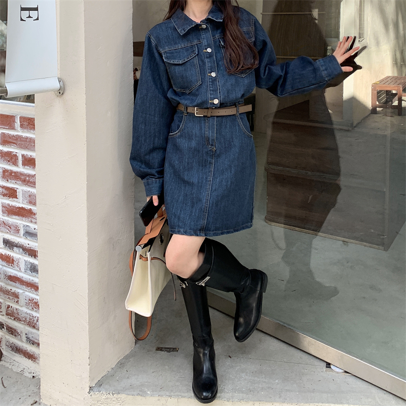 Real shot autumn clothes fat mm plus size women's age reduction denim skirt fat sister mm loose dress S-5XL200 catties