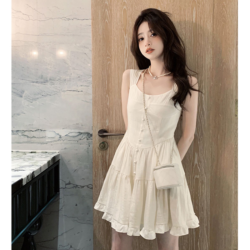 2023 Spring New Product White Moonlight Temperament Sweet and Gentle Wind Suspender Dress Women's Slim and Thin Solid Color Skirt