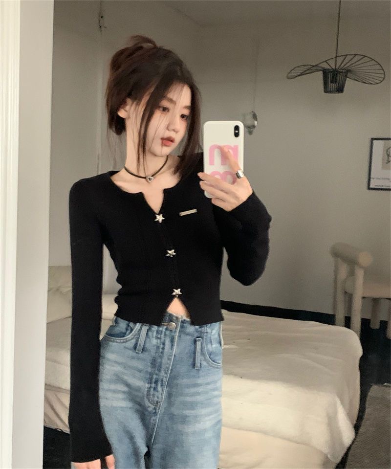 Hot Girl Square Neck Slim Slim Sweater Women's Autumn and Winter Pure Lust Style Short Sweater Tops Bottoming Shirt