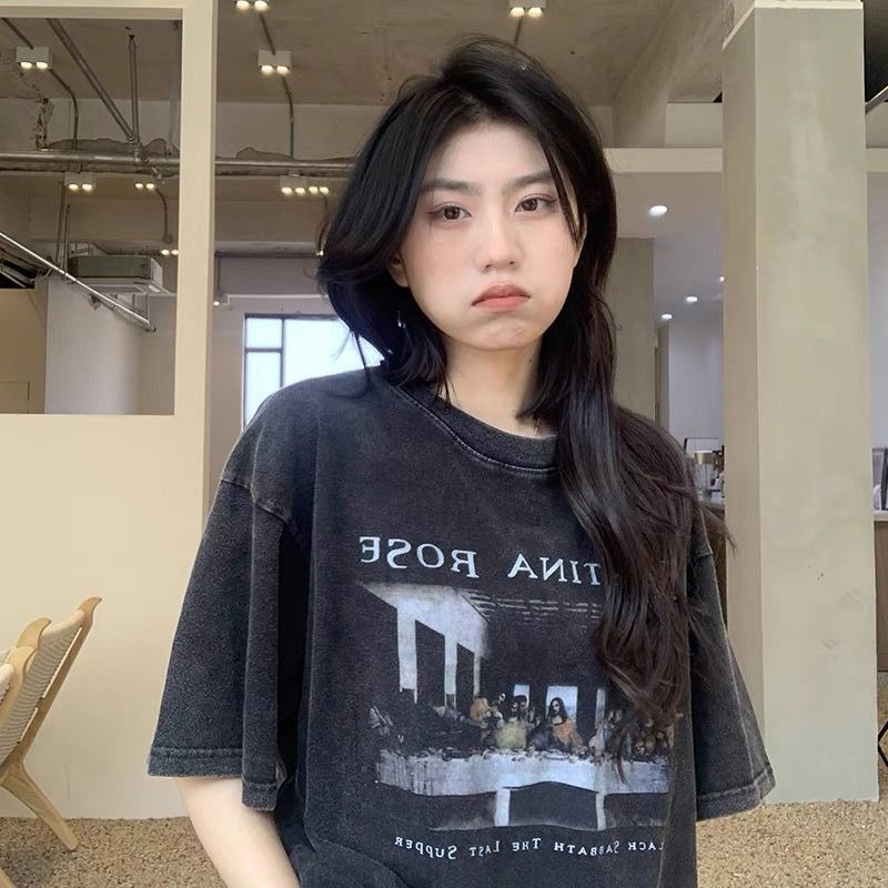 230g pure cotton bag collar spring and summer American retro loose large size top printed washed distressed short-sleeved T-shirt
