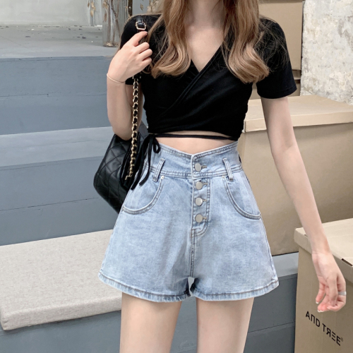 Photo taken in real summer  new versatile high waist pants show thin design, wide leg jeans with breasted student pants