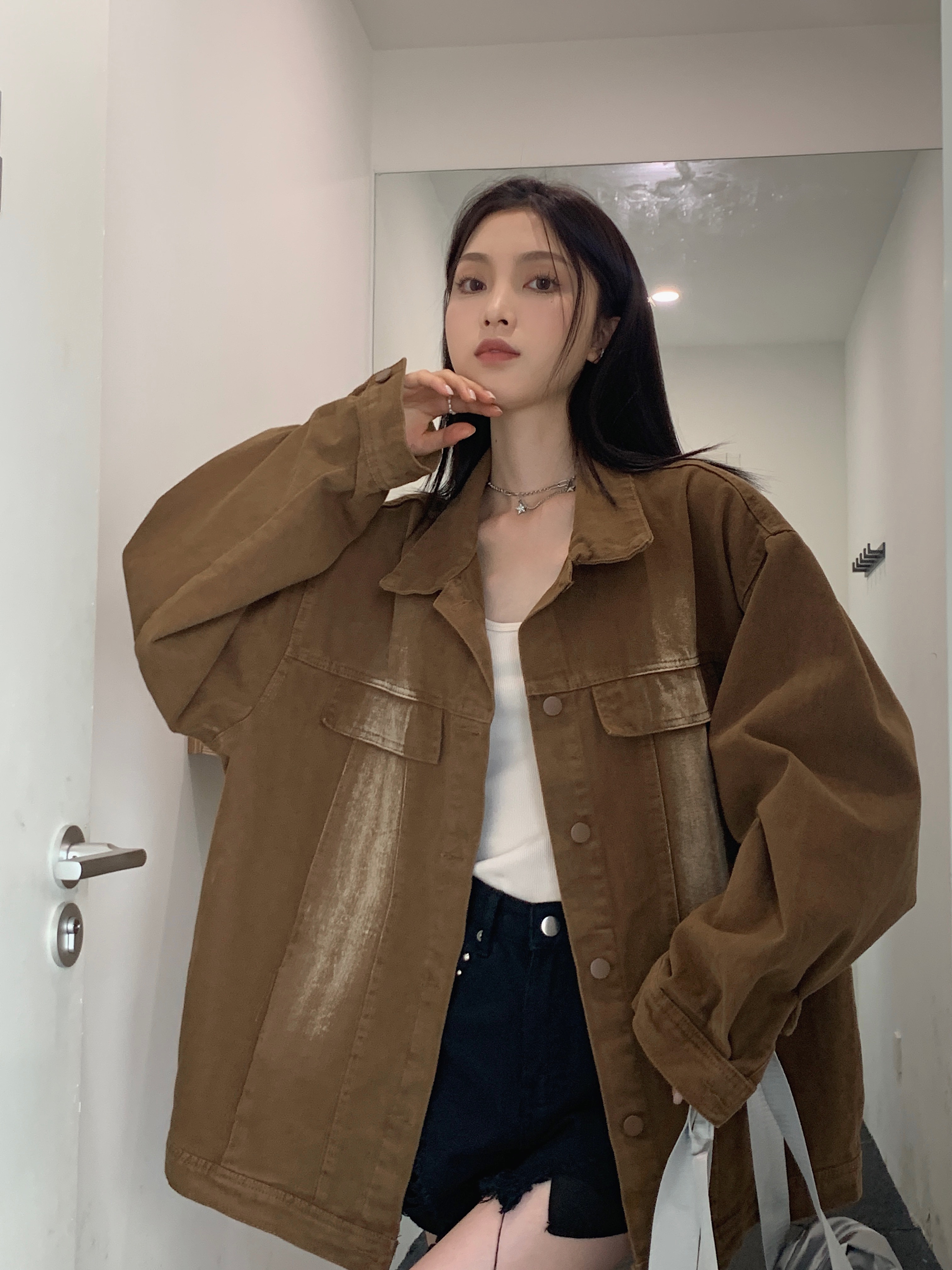 Real shot real price American retro vintage old denim jacket jacket tide autumn lazy wind loose casual