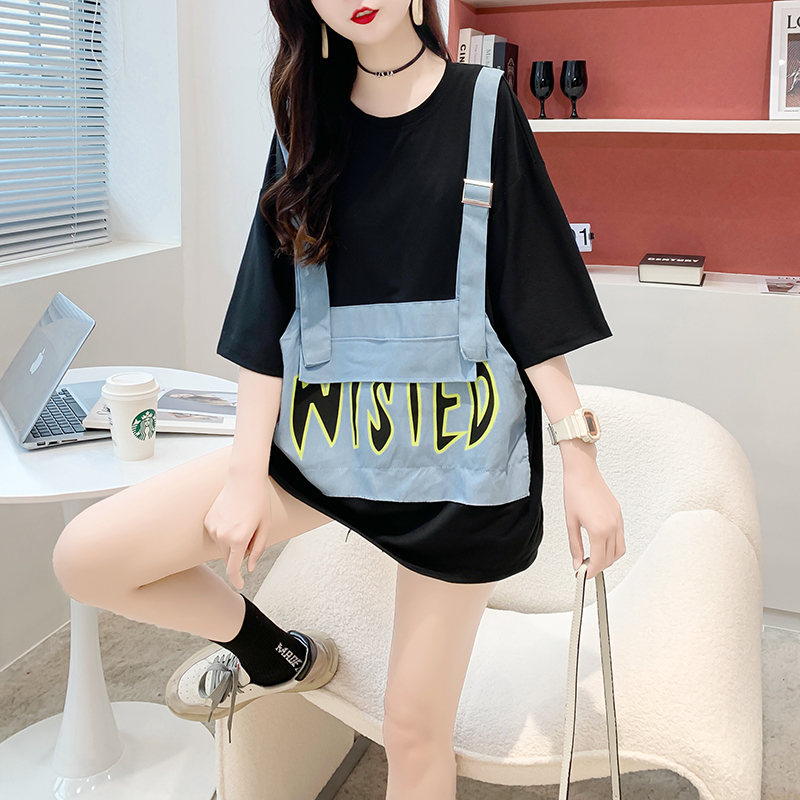 Actual shooting of summer Korean version new fake two-piece jeans splicing large women's short sleeve T-shirt women