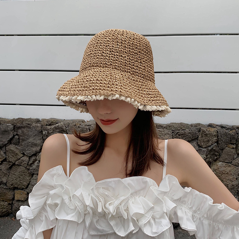 Japanese lace edge straw hat female summer small fresh Beach Sun basin hat Korean version tide versatile sun protection straw woven fisherman hat